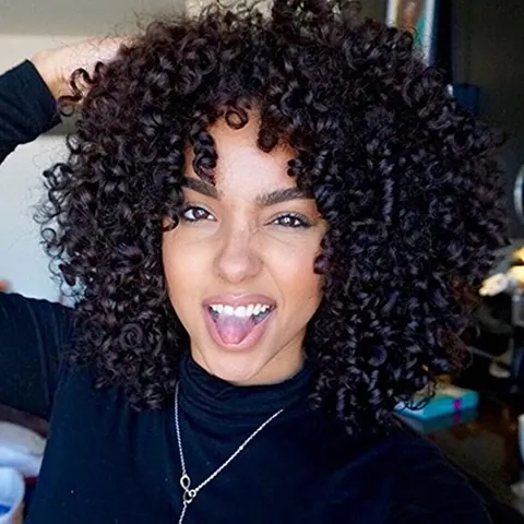Women African Afro Short Kinky Curly Wig Heat Resistant Synthetic Fiber Natural Black Fluffy Hair For Party Daily Wear