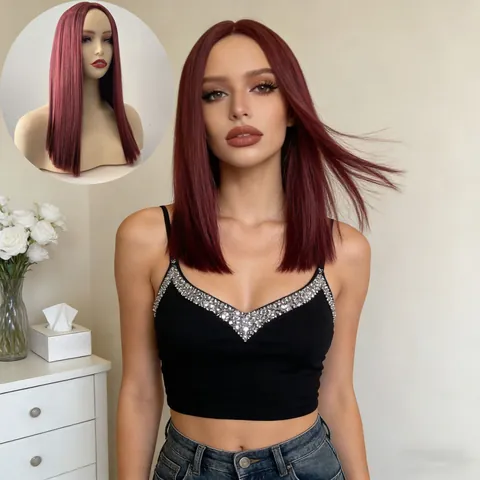 Women Middle Part Long Straight Wig Heat Resistant Synthetic Fiber Burgundy Black Gold Natural Looking Fashion Hair Wig