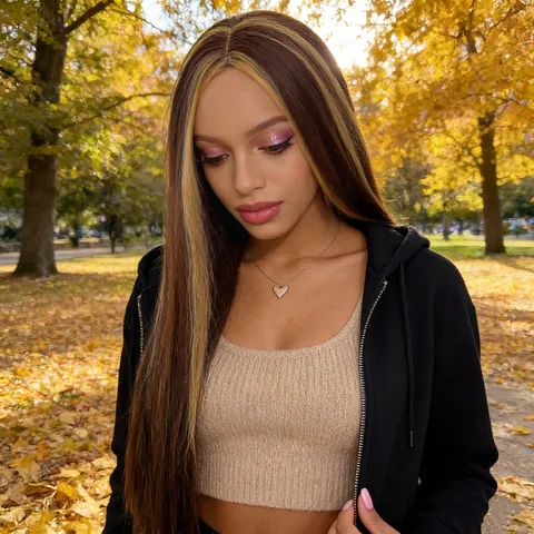 Peluca Larga Lacia para Mujer Raya al Medio Marrón Oscuro Con Mechas Rubias Claras Peluca de Cabello Sintético Termorresistente