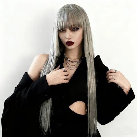 Vrouwen Lang Recht Haar Hime Cut Pruik Met Rechte Pony Hoge Temperatuur Synthetische Vezel Mode Cosplay Haarstukje Natuurlijke Hoofddeksels
