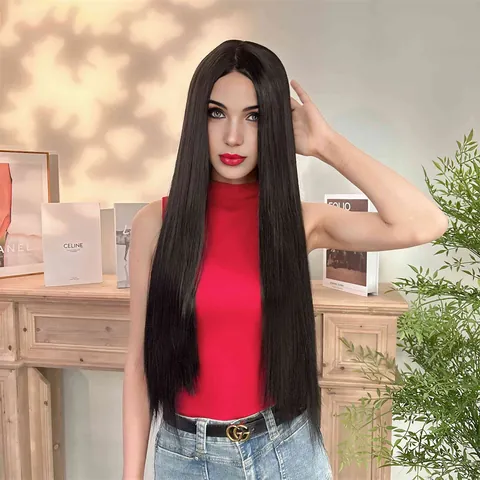 Parrucca Lunga Nera Liscia Lace Front Per Donna 26 Pollici Fibra Sintetica Resistente Al Calore Riga In Mezzo Look Naturale Quotidiana