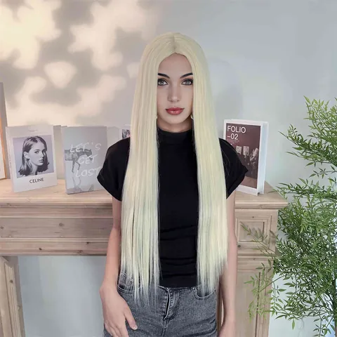 Peluca Lace Front Sintética Larga Lisa Rubio Platino para Mujer Raya al Medio Fibra Resistente al Calor Moda Diario Fiesta