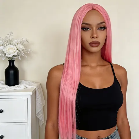 Parrucca Sintetica Lunga Liscia da Donna Riga in Mezzo Fibra Resistente al Calore Rosa Nero Marrone Grigio Bianco per Cosplay