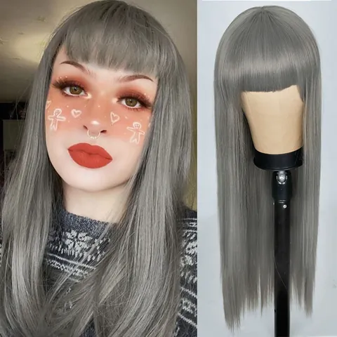 Dames Lange Steile Pruik Met Rechte Pony Hittebestendige Synthetische Vezel Volledige Pruik Voor Cosplay Feest Dagelijks