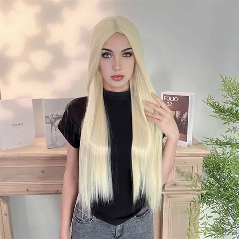 Peluca Lace Front Sintética Larga Lisa Rubio Platino para Mujer Raya al Medio Fibra Resistente al Calor Moda Diario Fiesta