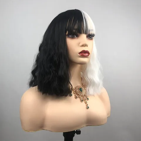 Long Wavy Black And White Split Color Synthetic Wig With Straight Bangs Heat Resistant Fiber For Halloween Cosplay Party Women Hair