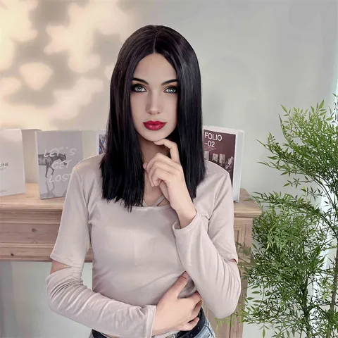 Natural Black Middle Part Lace Front Bob Wig High Temperature Synthetic Fiber Straight Hair For Women Daily Party Use