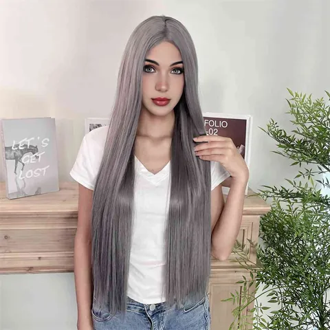 Peluca Frontal de Encaje Sintético Largo y Liso Fibra Resistente al Calor Raya al Medio Gris Plateado Oscuro para Mujer