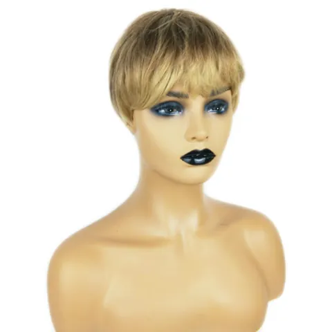 Women Short Golden Brown Ombre Wig Pixie Cut With Side Swept Bangs Synthetic Heat Resistant Fiber Natural Daily Hair Wig