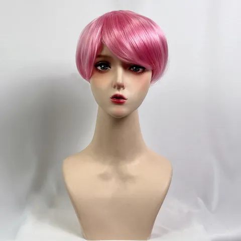 Parrucca Bob Rosa Corta da Donna Con Frangia Laterale Fibra Sintetica ad Alta Temperatura Capelli Lisci Resistenti al Calore