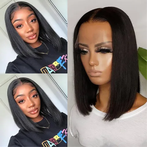 Natural Black Middle Part Lace Front Bob Wig High Temperature Synthetic Fiber Straight Hair For Women Daily Party Use