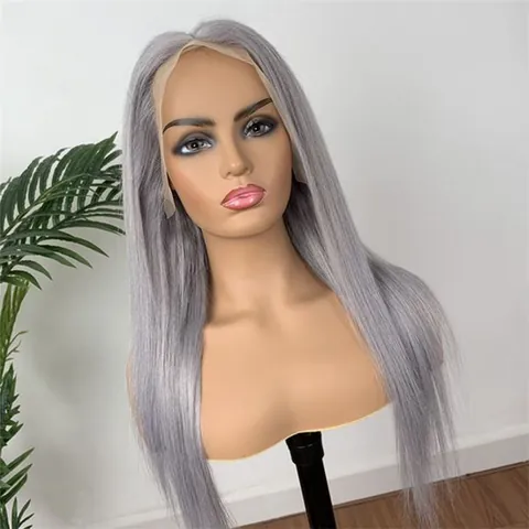Peluca Frontal de Encaje Sintético Largo y Liso Fibra Resistente al Calor Raya al Medio Gris Plateado Oscuro para Mujer