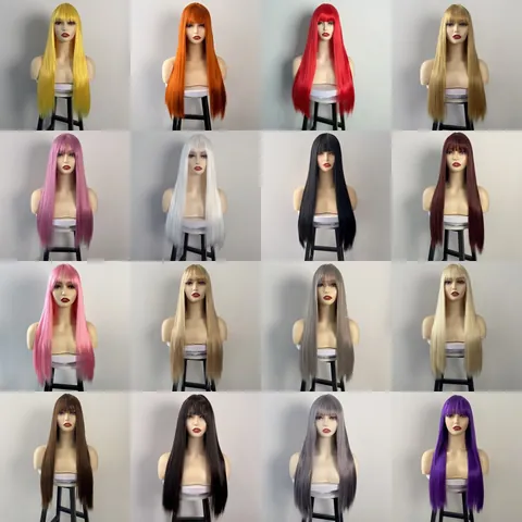 Long Straight Synthetic Wig With Flat Bangs Heat Resistant Fiber Colorful Hair For Women Cosplay Daily Use Full Machine Made Wig