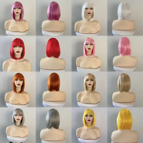 Women Short Bob Wig With Blunt Bangs Heat Resistant Synthetic Fiber Colorful Cosplay Daily Party Hairpiece Full Wig