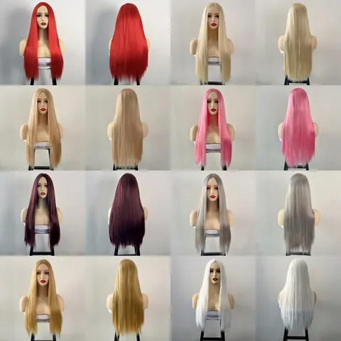 Long Straight Center Part Wig For Women Colorful High Temperature Fiber Synthetic Hair Full Head Cover Daily Party Wear