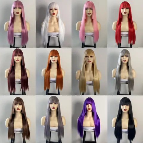 Long Straight Hime Cut Wig With Bangs For Women Synthetic Heat Resistant Fiber Princess Cut Colorful Hair Cosplay Party Wig