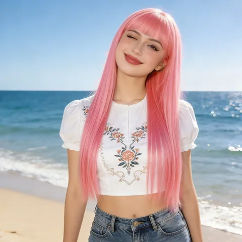 Dames Lange Rechte Roze Pruik Met Lucht Pony Hittebestendige Synthetische Vezel Volledige Pruik Voor Cosplay Dagelijks Feest