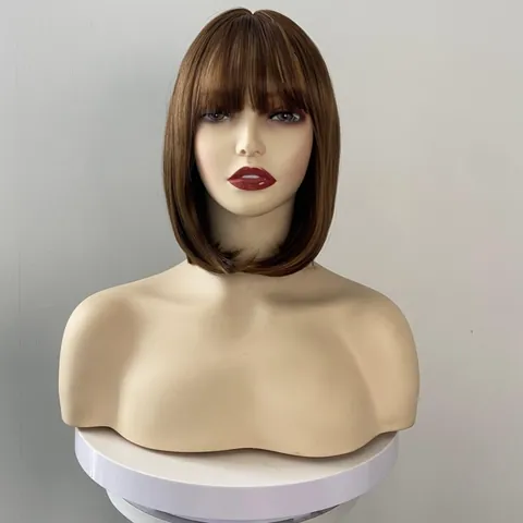 Women Short Bob Wig With Blunt Bangs Heat Resistant Synthetic Fiber Colorful Cosplay Daily Party Hairpiece Full Wig
