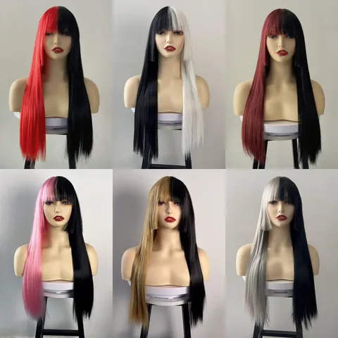 Long Straight Split Dye Cosplay Wig With Bangs High Temperature Synthetic Fiber Two Tone Halloween Party Hair For Women