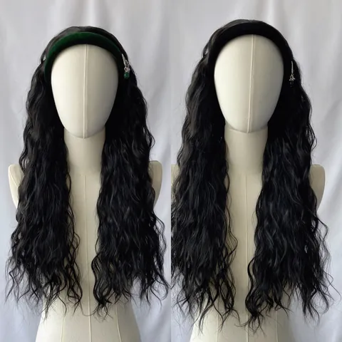 Women Vintage Long Curly Water Wave Wig With Headband Synthetic High Temperature Fiber Hairpiece For Daily Party Use