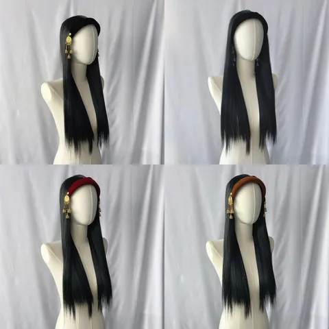 Peluca de Diadema Sintética Larga Lisa para Mujer Estilo Étnico Diadema de Terciopelo Aleación Campana Borla Colgante Extensiones