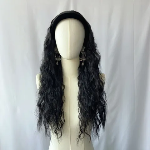Women Long Water Wave Headband Wig Synthetic High Temperature Fiber Hairpiece With Velvet Headband Ethnic Style Jhumka Pendants