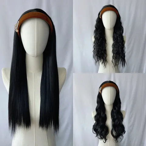 Long Synthetic Headband Wig Vintage Velvet Rhinestone Headband Heat Resistant Fiber Straight Wavy Hair Half Wig For Women