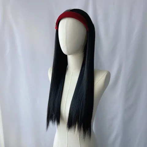 Women Long Synthetic Headband Wig Straight Wavy Hair With Red Velvet Rhinestone Tassel Headband For Daily Party Jewelry