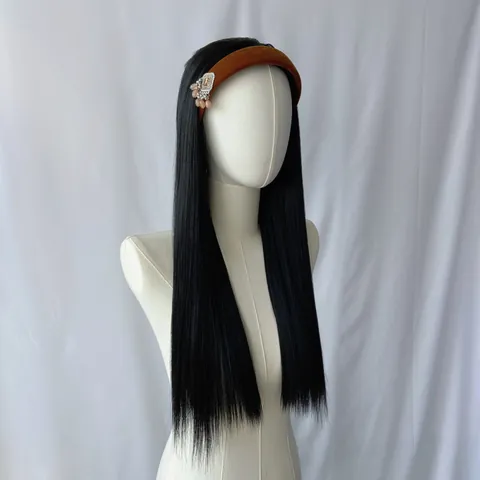Long Synthetic Headband Wig Vintage Velvet Rhinestone Headband Heat Resistant Fiber Straight Wavy Hair Half Wig For Women