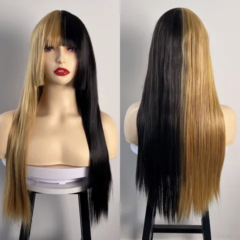 Long Straight Split Dye Cosplay Wig With Bangs High Temperature Synthetic Fiber Two Tone Halloween Party Hair For Women