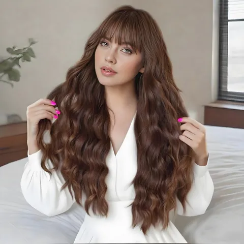Long Curly Wavy Wig With Bangs For Women High Temperature Fiber Natural Water Wave Synthetic Hair Daily Party Machine Made Headwear