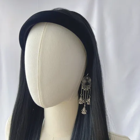 Peluca de Diadema Sintética Larga Lisa para Mujer Estilo Étnico Diadema de Terciopelo Aleación Campana Borla Colgante Extensiones