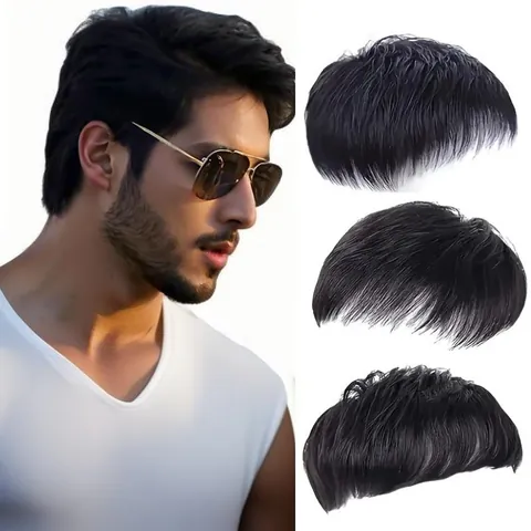 Tupé de Pelo Corto Liso Natural para Hombre de Fibra Sintética de Alta Temperatura Clip Invisible Bloque de Repuesto