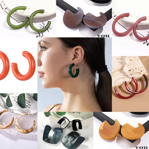 Vintage C-Shape Acrylic Hoop Earrings For Women French Elegant Marble Texture Resin Stud Earrings With Stainless Steel Post Jewelry