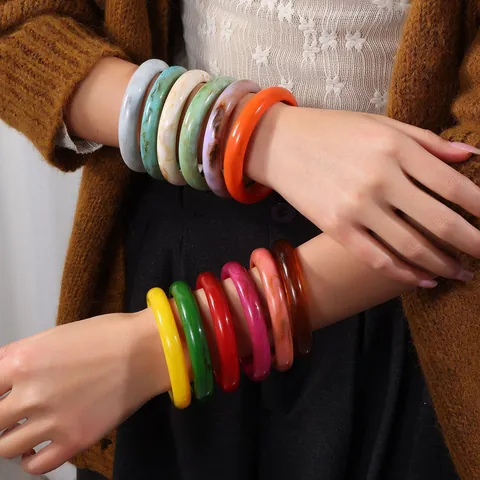 Bracelet Jonc Vintage en Résine Lavage à l'encre Pour Femme Motif Marbre Minimaliste Bijoux de Mode Polis Accessoire