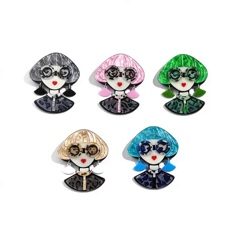 Vintage Pop Art Acrylic Character Avatar Brooch Leopard Print Sunglasses Girl Fashion Pin For Suits Sweaters Women Jewelry Gift