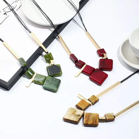Vintage Geometric Acrylic Marble Texture Pendant Necklace Gold Metal Bar Multi Strand Wax Cord Long Sweater Chain Jewelry