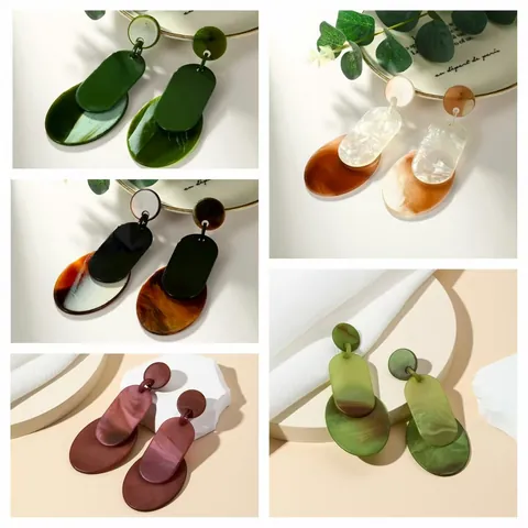Boucles d'Oreilles Pendantes en Résine Acrylique Géométrique Vintage Avec Tige en Acier Inoxydable Motif Marbre Écaille Ovale