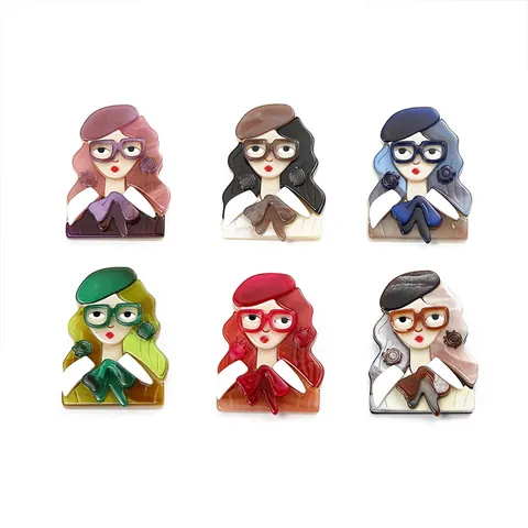 Vintage French Acrylic Girl Brooch Pin With Beret Glasses Bow Tie Fashion Jewelry Accessory For Women Coat Sweater Accessory