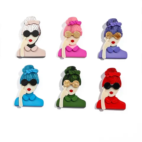 Vintage Pop Art Acrylic Female Portrait Brooch Pin Sunglasses Red Lips Fashion Badge For Women Clothing Bag Decoration