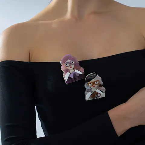 Vintage French Acrylic Girl Brooch Pin With Beret Glasses Bow Tie Fashion Jewelry Accessory For Women Coat Sweater Accessory