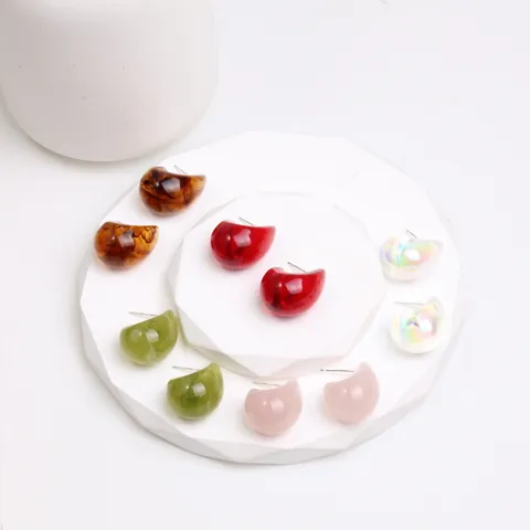 Vintage Acrylic Resin Stud Earrings With 925 Sterling Silver Earring Post Colorful Marble Texture C-Shaped Geometric Teardrop Earrings For Women Jewelry
