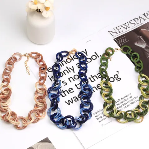 Vintage Chunky Acrylic Chain Necklace For Women Geometric Marble Texture Resin Link Adjustable Fashion Jewelry Daily Accessory