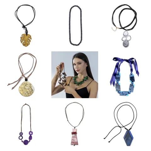 Vintage Bohemian Resin Acrylic Geometric Pendant Necklace With Satin Ribbon Cord Clavicle Chain For Women Jewelry Gift