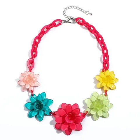 Bohemian Colorful Acrylic Flower Necklace For Women Vibrant 3D Floral Chunky Plastic Chain Adjustable Choker Party Jewelry