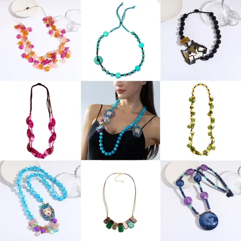 Collier Pendentif Géométrique en Acrylique Motif d'Eau Vintage pour Femme Collier Long Chaîne en Résine Bohème Fait à la Main Bijoux de Mode
