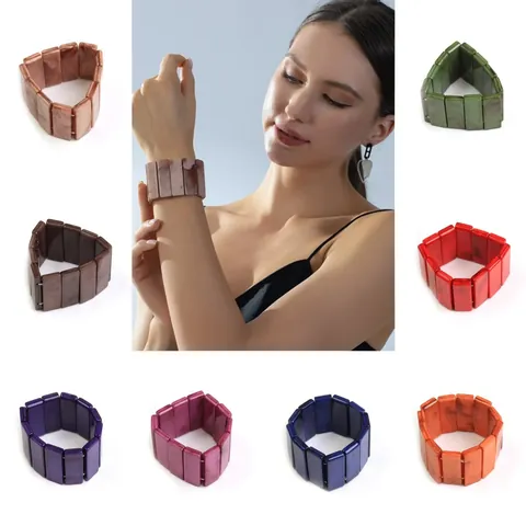 Acrylic Marble Pattern Stretch Bracelet For Women Bohemian Geometric Resin Wide Bangle Handmade Jewelry Accessories