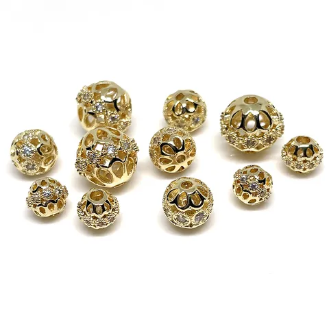 14K Gold Filled Hollow Round Spacer Beads Micro Pave Zirconia Copper Ball Beads For DIY Jewelry Making Bracelet Accessories