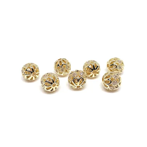 14K Gold Filled Hollow Round Spacer Beads Micro Pave Zirconia Copper Ball Beads For DIY Jewelry Making Bracelet Accessories