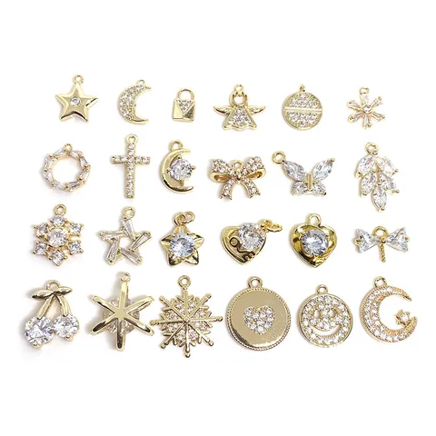 Brass Zirconia DIY Jewelry Charms Gold Plated Star Heart Shape Pendant Only Without Chain For Bracelet Earring Making Women